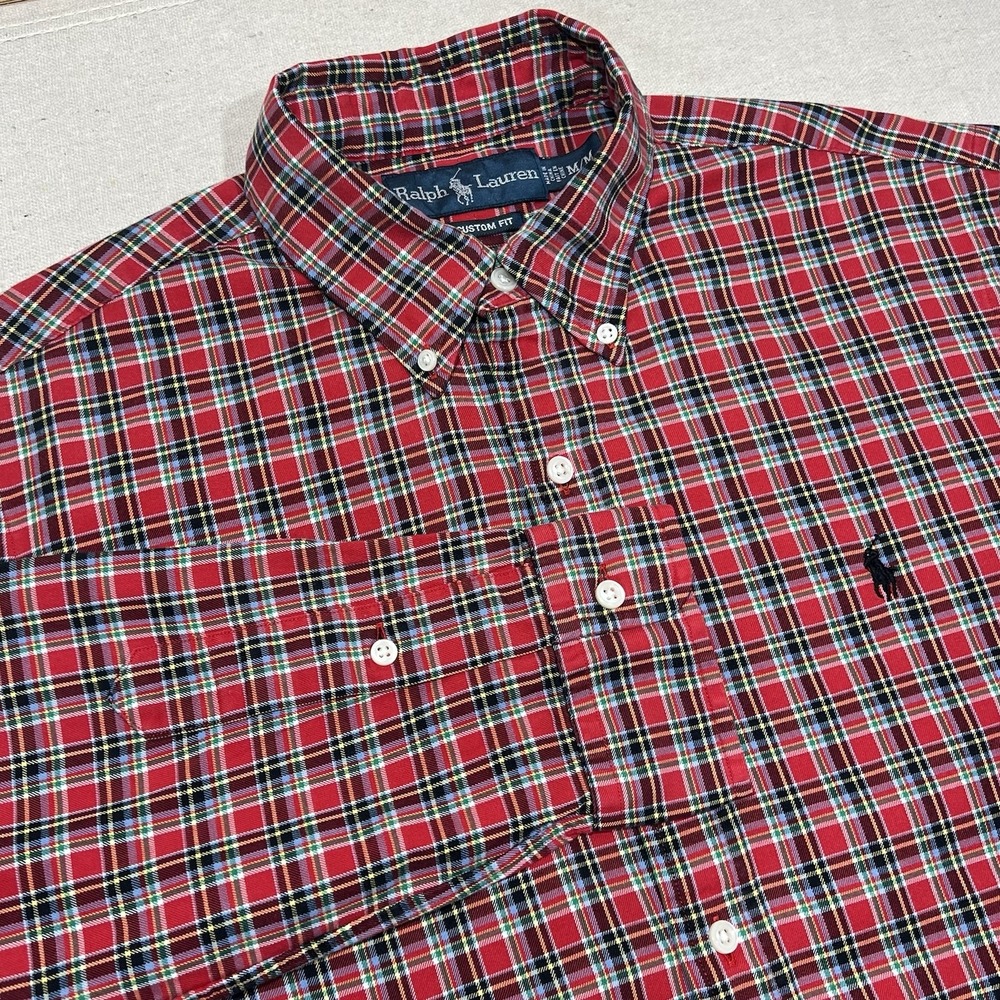 Ralph Lauren Mens Medium Custom Fit Button Up Shirt Red Plaid Colorful Pony Logo